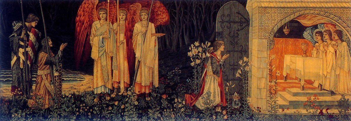 “The Attainment: The Vision of the Holy Grail to Sir Galahad, Sir Bors, and Sir Perceval, number 6 of the Holy Grail tapestries, overall design and figures by Sir Edward Burne-Jones, woven by Morris & Co. 1891-94 for Stanmore Hall. This version woven by Morris & Co. for Lawrence Hodson of Compton Hall 1895-96. Wool and silk on cotton warp. Birmingham Museum and Art Gallery. (Public Domain)