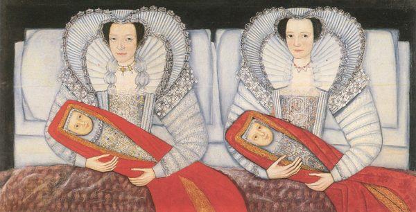 The Cholmondeley Ladies and their swaddled babies. c.1600–1610 (Public Domain)