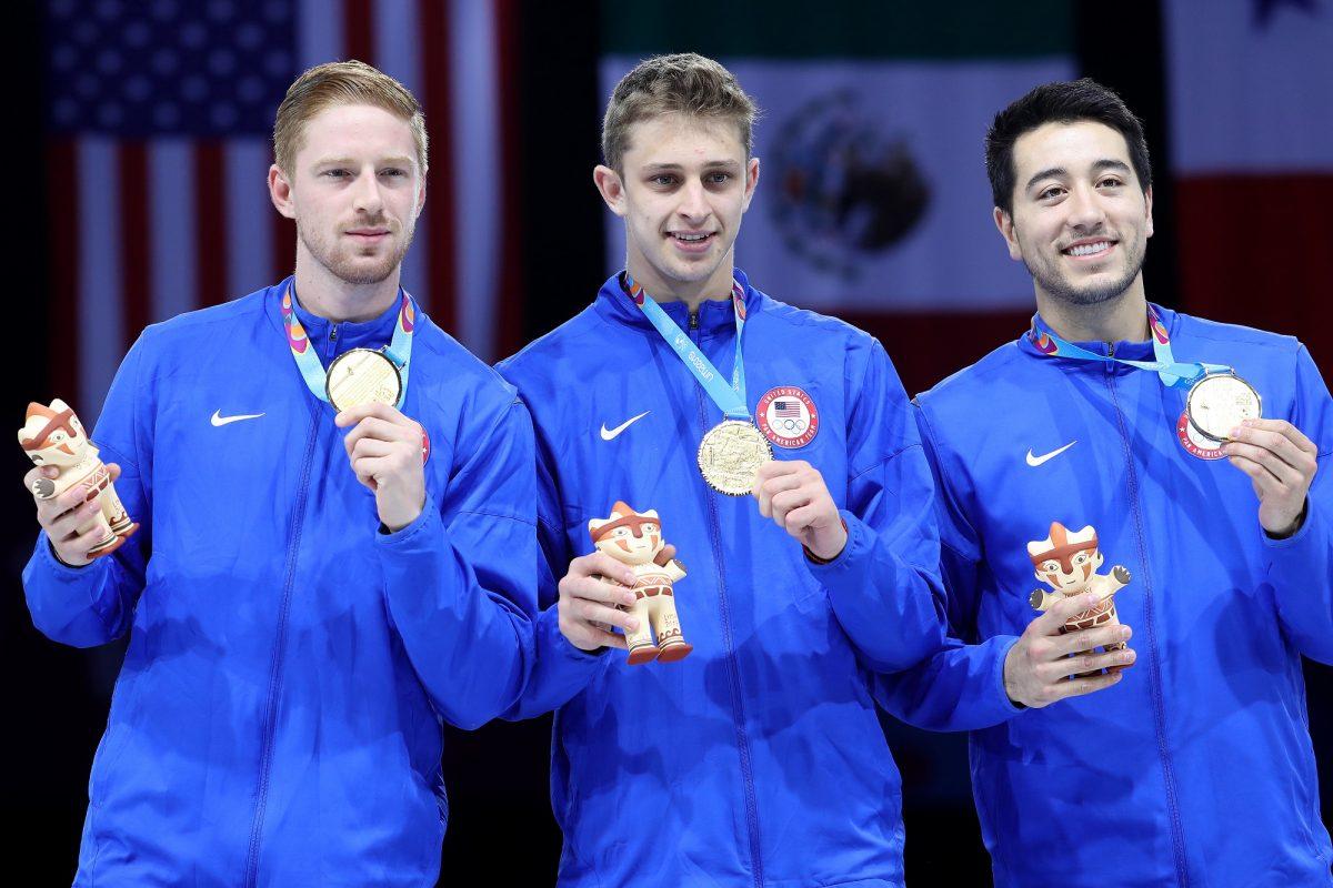 (L-R) Gold medalists Race Imboden, Nick Itkin and Gerek Meinhardt of United States pose in the podium of Fencing Men's Foil Team Gold Medal Match Match on Day 14 of Lima 2019 Pan American Games at Fencing Pavilion of Lima Convention Center in Lima, Peru on Aug. 09, 2019. (Photo by Leonardo Fernandez/Getty Images)