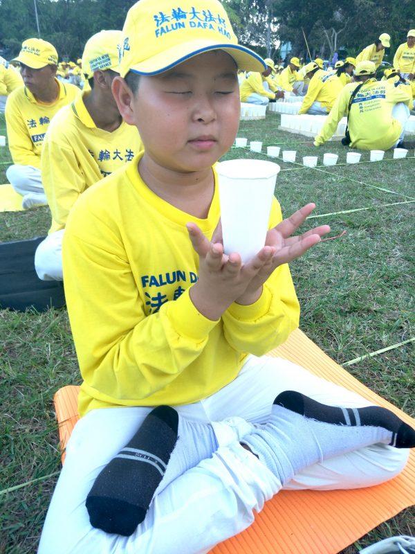 Mingyuan, Ma Xiaoqin’s younger son, at a Falun Gong event in Indonesia on May 13, 2019 (Courtesy Ma Xiaoqin)
