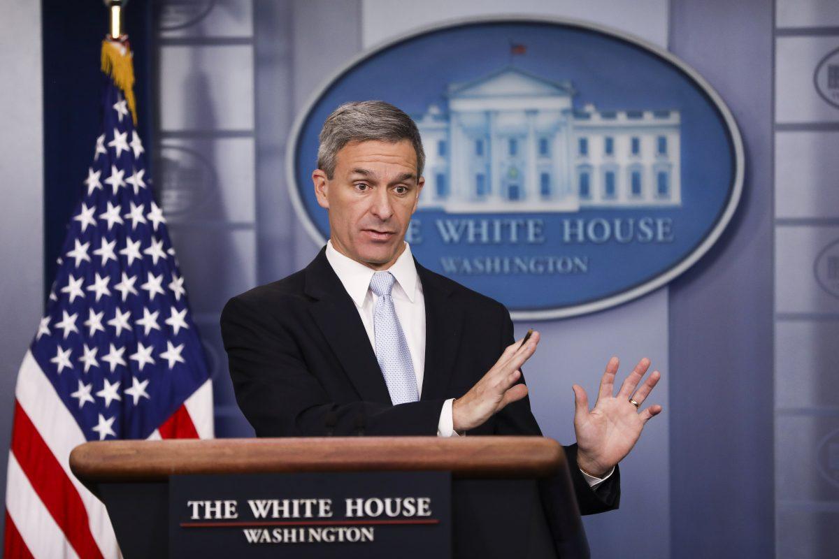 Acting Director of United States Citizenship and Immigration Services Ken Cuccinelli speaks to media at the White House in Washington on Aug. 12, 2019. (Charlotte Cuthbertson/The Epoch Times)