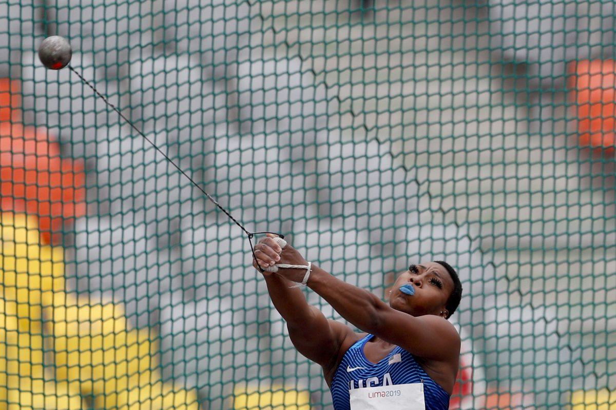 Gwendolyn Berry of the United States competes in the women's hammer throw final during the athletics at the Pan American Games in Lima, Peru, Aug. 10, 2019. Berry won the gold medal. (AP Photo/Rebecca Blackwell)
