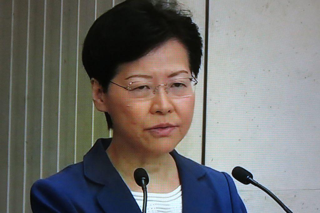 A screengrab taken from AFPTV video footage shows Hong Kong leader Carrie Lam speaking during a press conference in Hong Kong on Aug. 13, 2019. (STR/AFP/Getty Images)