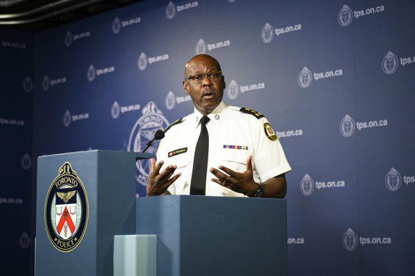 Then Toronto police chief Mark Saunders delivers remarks and takes questions from reporters at a press conference in Toronto, on Friday, Aug. 9, 2019. (The Canadian Press/Christopher Katsarov)