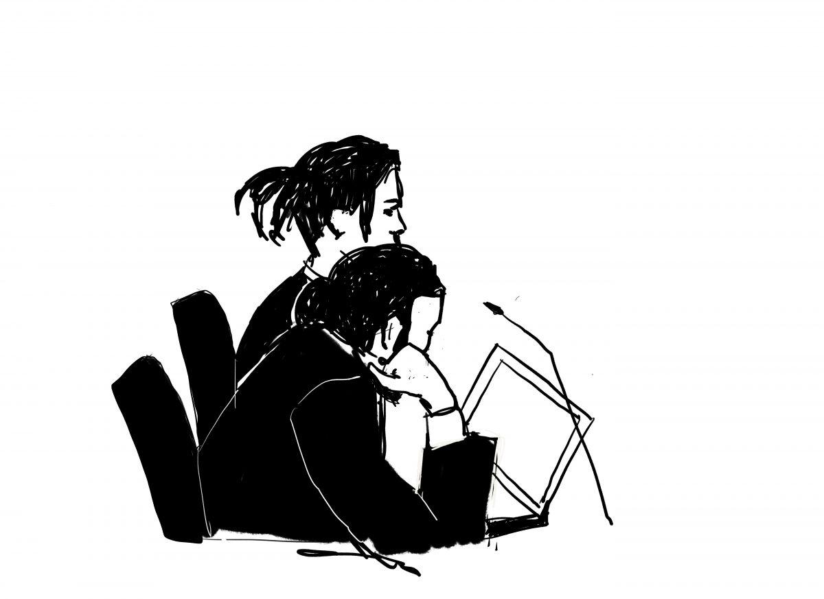 A$AP Rocky (rear) and his defense lawyer Slobodan Jovicic in the district court in Stockholm on Aug. 2, 2019, on the third day of A$AP Rocky's trial. (Court Illustration by Anna Harvard/TT via AP)