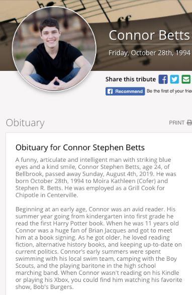 A portion of Connor Betts' obituary before it was taken offline. (Conner & Koch Funeral Home)