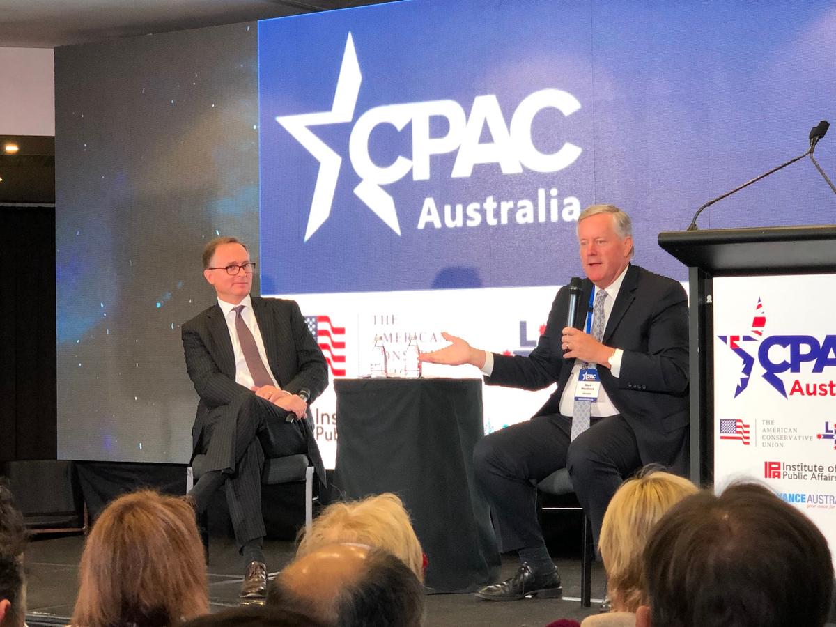 Dan Schneider, executive director of the American Conservative Union, and U.S. Congressman Mark Meadows (R-NC), speaking at CPAC Australia in Sydney, on Aug. 10, 2019. (The Epoch Times)