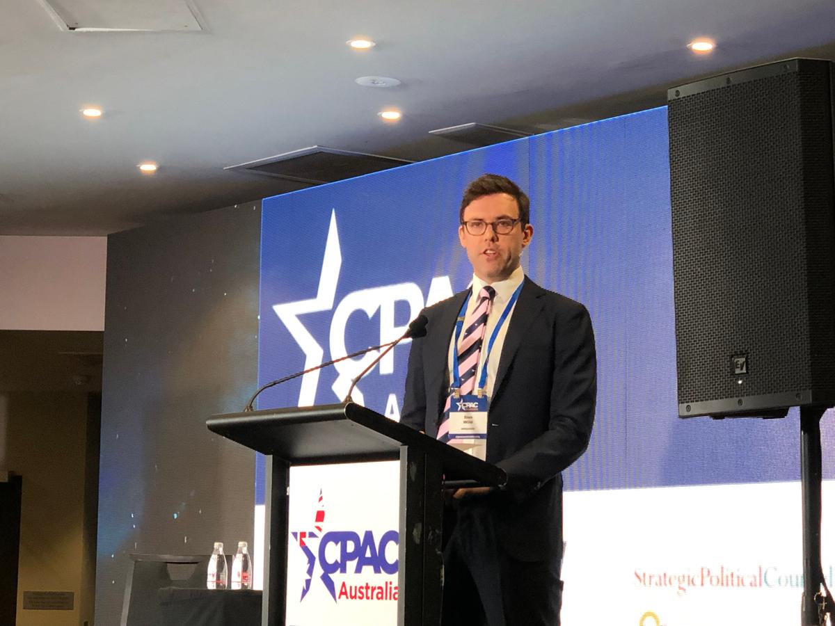 Daniel Wild, Director of Research at the Institute of Public Affairs, speaks at CPAC Australia in Sydney on Aug. 10, 2019. (The Epoch Times)