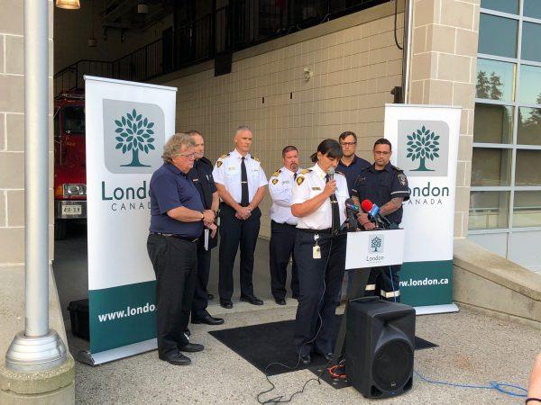 Representatives from the London Police Service speak at a media conference about the incident and take questions from journalists on Aug. 15, 2019. (London Police Service)