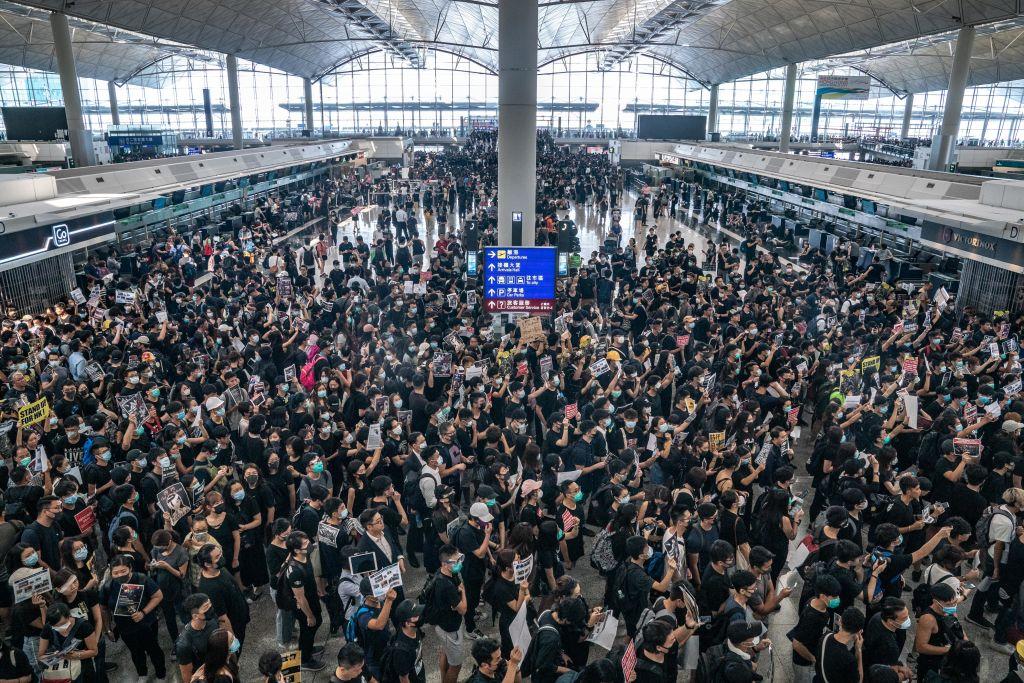 Protesters occupy the departure hall of the Hong Kong International Airport during a demonstration in Hong Kong on Aug. 12, 2019. (Anthony Kwan/Getty Images)