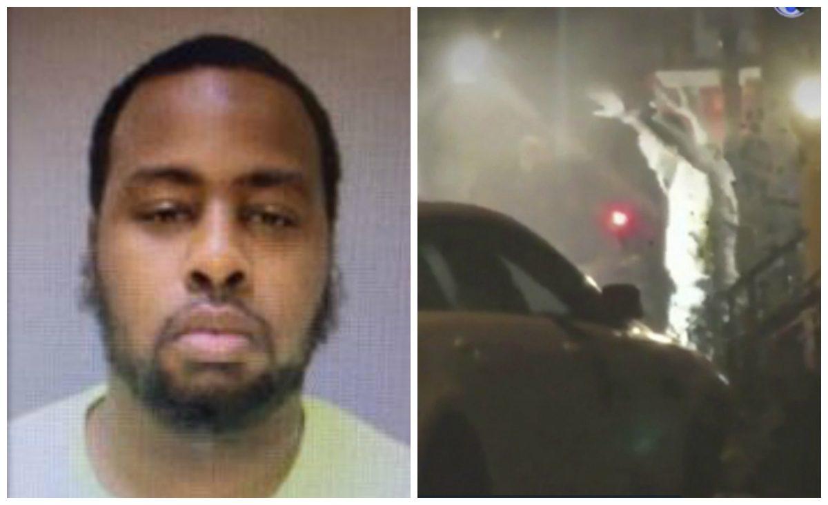 (L)- Maurice Hill in a file mugshot. (Philadelphia Police Department) (R)- A still image taken from a video showing a man exiting a building with his hands up in Philadelphia after an hours-long standoff early Aug. 14, 2019. (Bill Trenwith via AP)