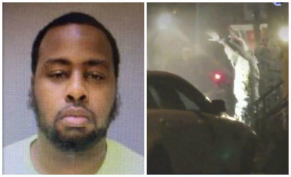 Maurice Hill in a file mugshot and a still image taken from a video showing a man exiting a building with his hands up in Philadelphia after an hours-long standoff early Aug. 14, 2019. (Bill Trenwith via AP; Philadelphia Police Department)