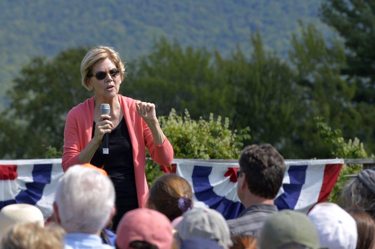 Democratic presidential candidate Sen. Elizabeth Warren (D-Mass.) speaks to supporters during a campaign stop and town hall at Toad Hill Farm in Franconia, New Hampshire, overlooking the White Mountains on Aug. 14, 2019. (Joseph Prezioso/AFP/Getty Images)