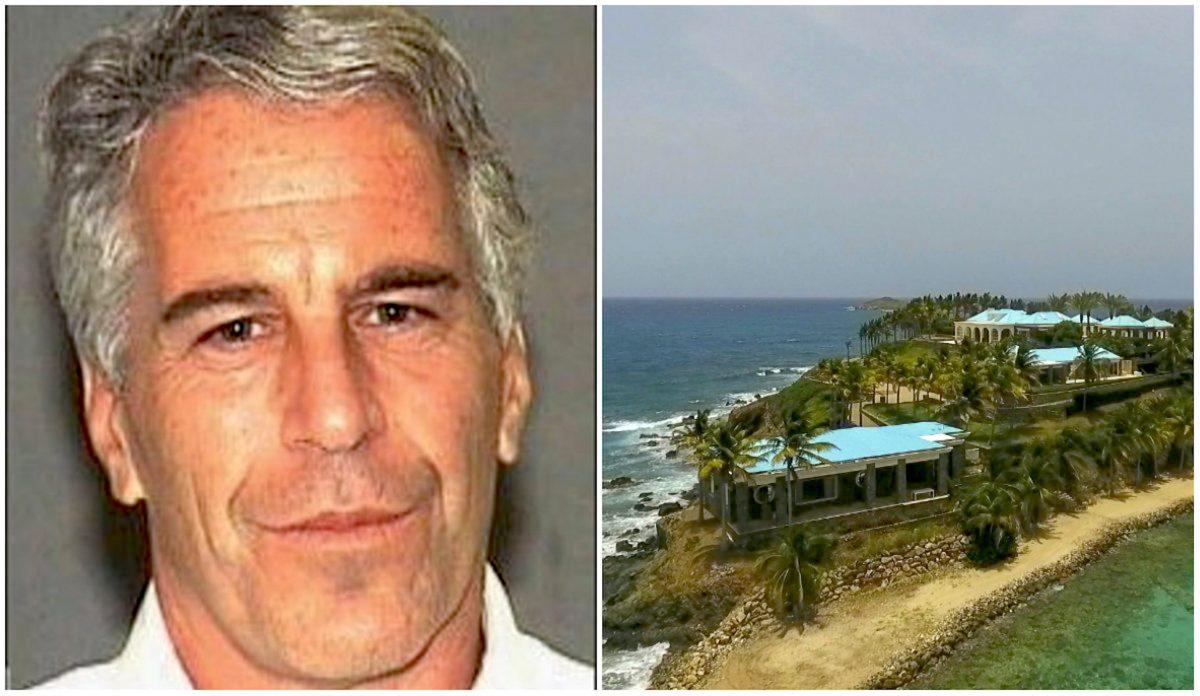 L: Jeffrey Epstein in a booking photograph in Palm Beach, Florida, on July 27, 2006. (Palm Beach Sheriff's Office) R: An aerial view of Little Saint James Island, in the U.S. Virgin Islands, a property purchased by Jeffery Epstein more than two decades ago. (Gianfranco Gaglione/AP Photo)