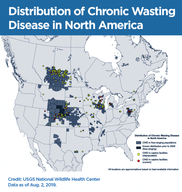 A map shows the spread in occurrences of Chronic Wasting Disease across North America using data until up to Aug. 2, 2019. (USGS National Wildlife Health Center)