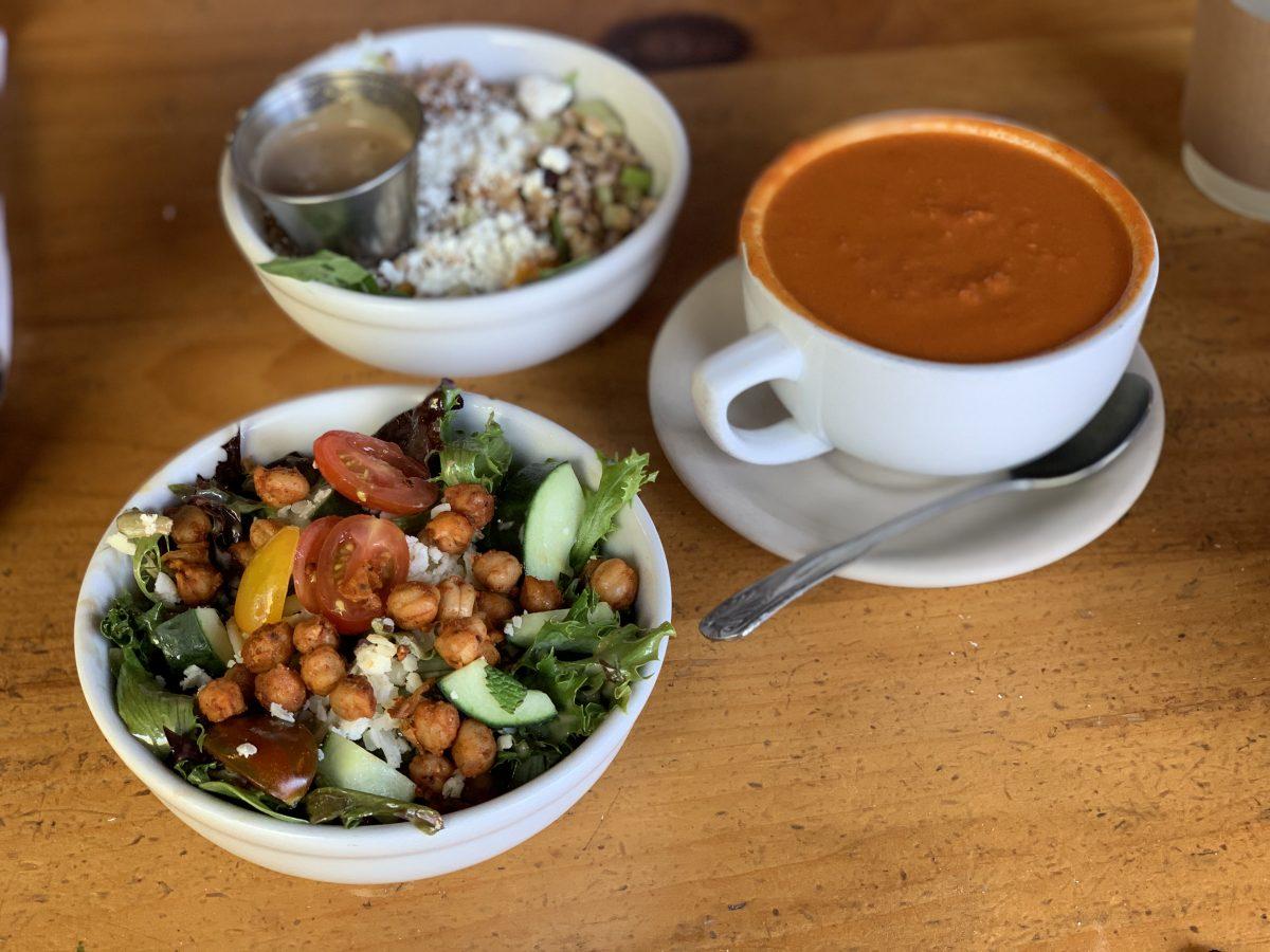 Lunch at Beehive Cafe: Beehive Mixed Salad; Farro and Warm Goat Cheese Salad; and a hearty cup of creamy tomato and cheddar soup. (Skye Sherman)
