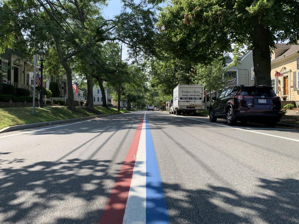 A tricolor line in the middle of the road. (Skye Sherman)