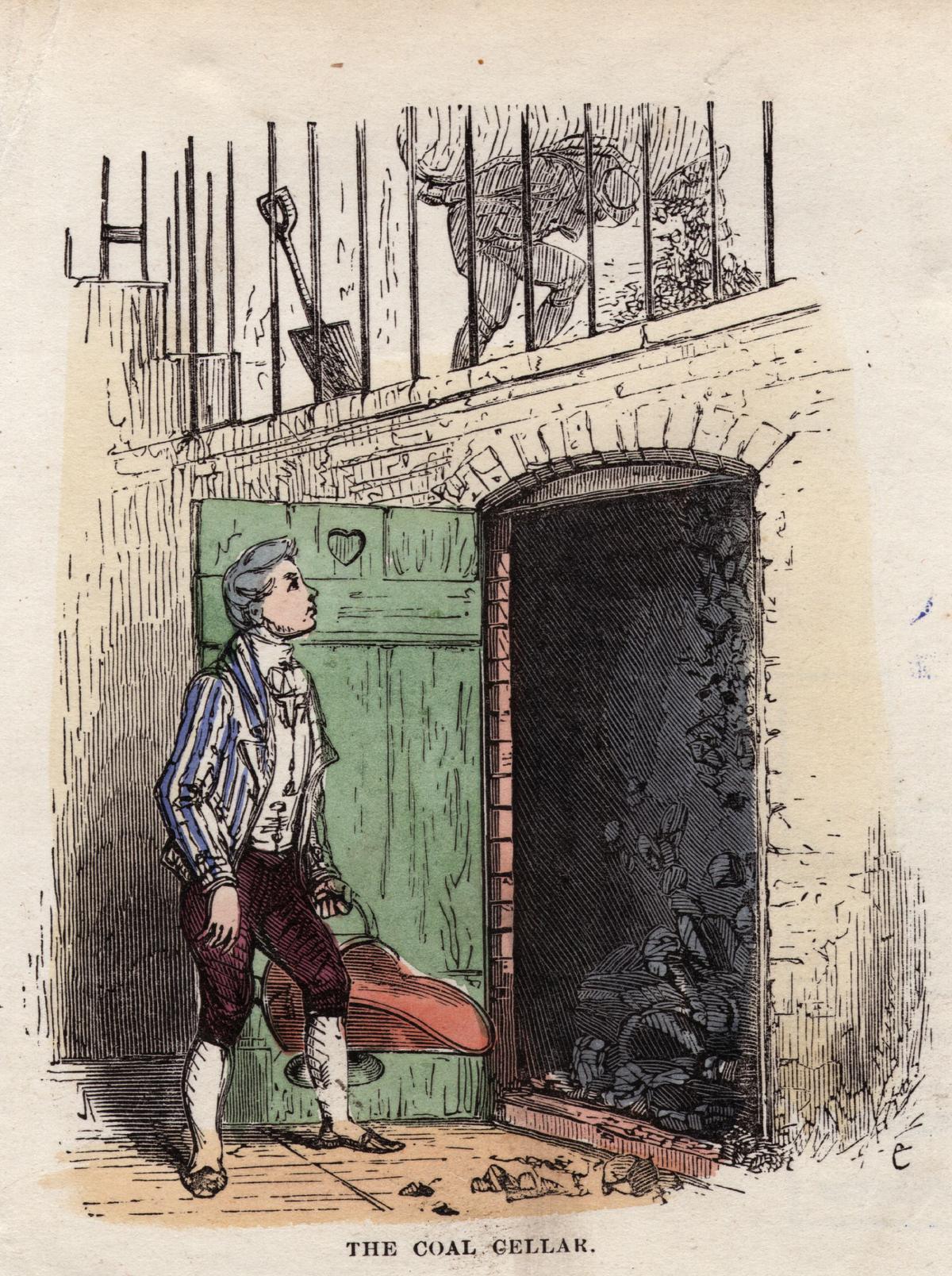 Illustration of a servant filling the coal scuttle after a delivery of coal to the coal cellar, circa 1790 (Hulton Archive/Getty Images)