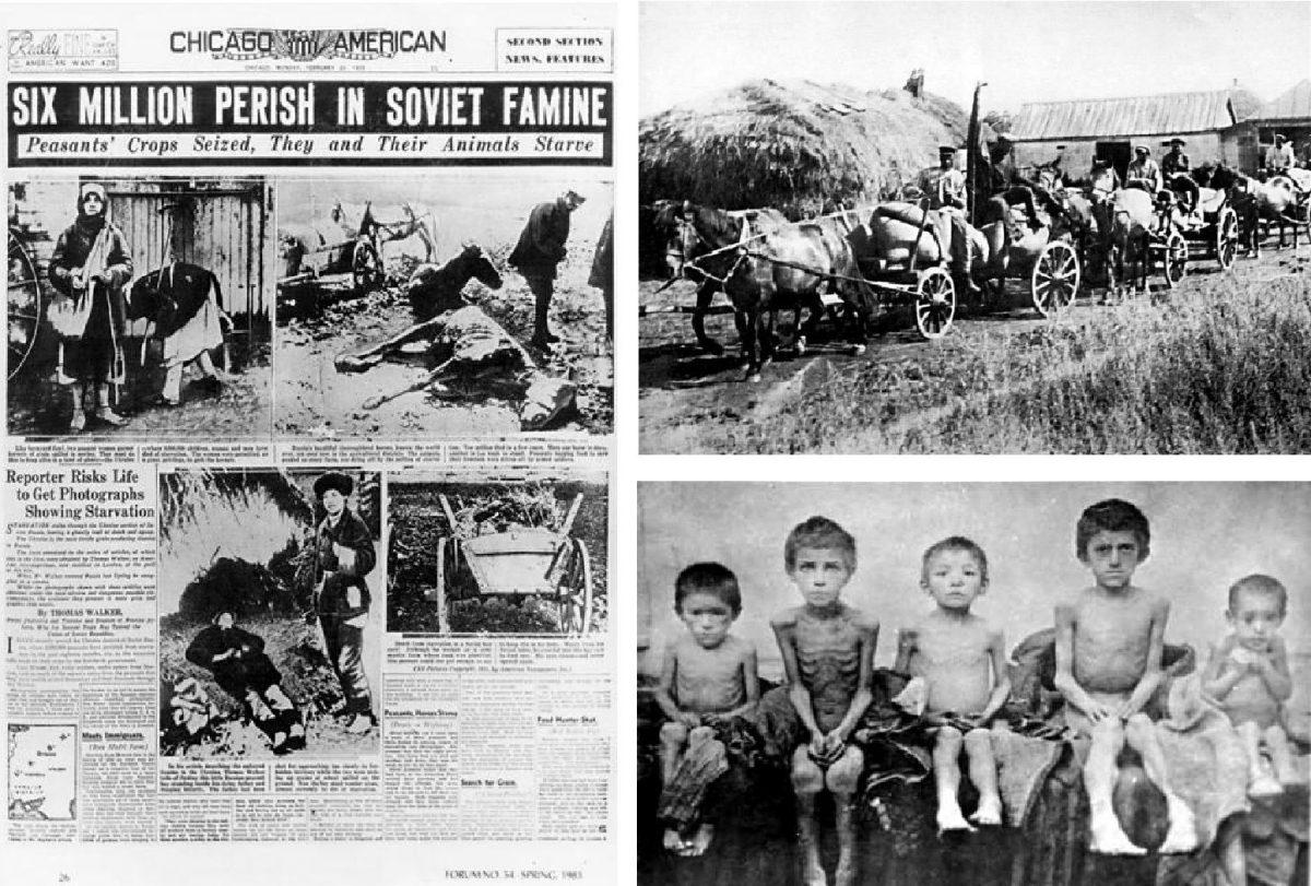 (Far L) The Chicago American’s front page depicting the Holodomor, a man-made famine in Soviet Ukraine in 1932 and 1933 that killed millions. (Top) Carts of grain are taken from a collective farm in the village of Oleksiyivka, Ukraine, in 1932, part of the Soviet regime's policy of deliberately taking away food from the peasants. (Bottom) Emaciated children during the Holodomor. (All Public Domain)