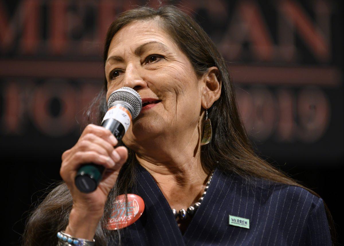 Rep. Deb Haaland (D-N.M.) speaks at the Frank LaMere Native American Presidential Forum in Sioux City, Iowa on Aug. 19, 2019. (Stephen Maturen/Getty Images)