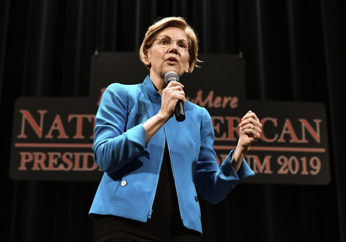 Sen. Elizabeth Warren (D-Mass.), 2020 Democratic presidential hopeful, speaks during the first day of the Frank LaMere Native American Presidential Forum held at the Orpheum Theatre in Sioux City, Iowa on Aug. 19, 2019. (Tim Hynds/Sioux City Journal via AP)