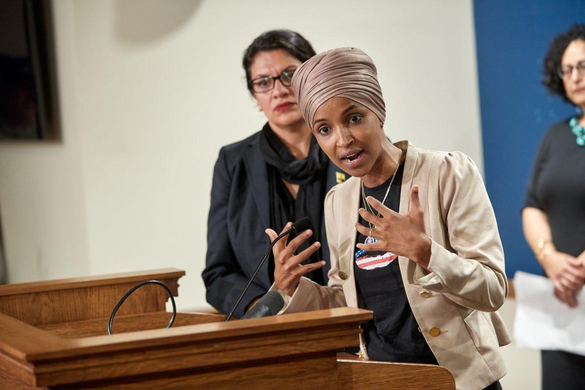 Reps. Ilhan Omar (D-Minn.) (R) and Rashida Tlaib (D-Mich.) hold a press conference in St. Paul, Minnesota on Aug. 19, 2019. (Adam Bettcher/Getty Images)
