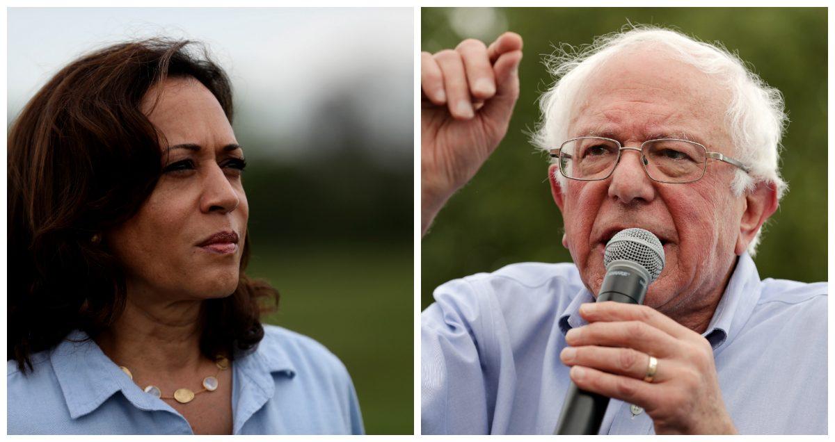 (L) Democratic presidential candidate U.S. Sen. Kamala Harris (D-Calif.) at the Coyote Run Farm in Iowa on Aug. 11, 2019. (Justin Sullivan/Getty Images) (R) Sen. Bernie Sanders (I-Vt.) gives a speech at the Des Moines Register Political Soapbox at the Iowa State Fair on Aug. 11, 2019. (Mark Makela/Getty Images)