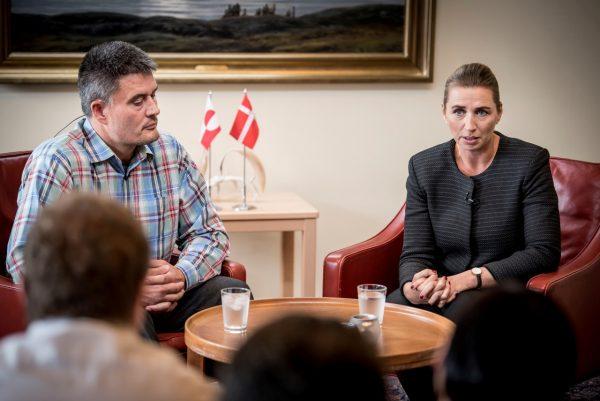 Danish Prime Minister Mette Frederiksen and Kim Kielsen, Premier of Greenland, attend a press conference in Nuuk, Greenland, on Aug. 19, 2019. (Ritzau Scanpix/Mads Claus Rasmussen via Reuters)