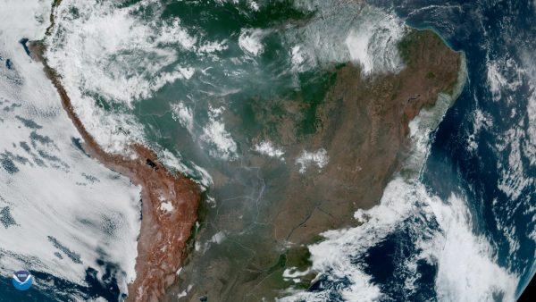 Fires, burning in the Amazon Rainforest are pictured from space, captured by the geostationary weather satellite GOES-16 on Aug. 21, 2019. (NASA/NOAA/Handout via Reuters)