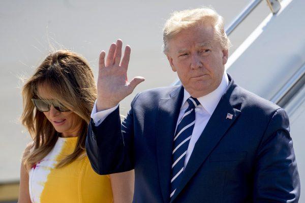President Donald Trump and first lady Melania Trump arrive in Biarritz, France, Saturday, Aug. 24, 2019, for a G-7 summit. (AP Photo/Andrew Harnik)