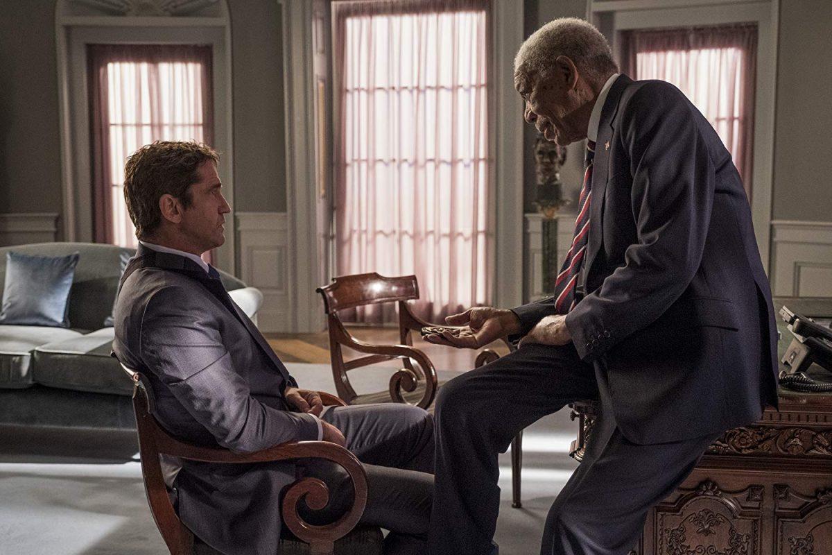 Gerard Butler (L) as a Secret Service agent and Morgan Freeman as the U.S. president, in “Angel Has Fallen.” (Jack English/Summit Entertainment)