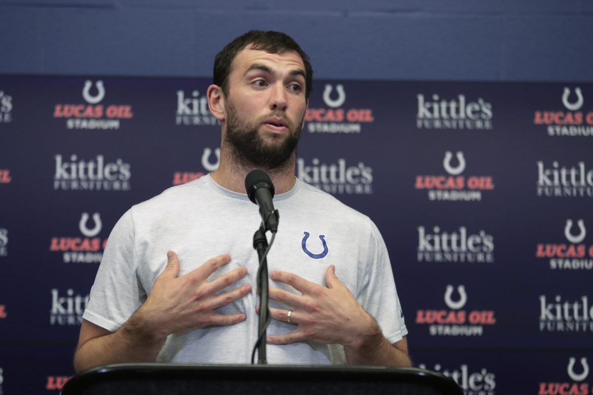 Indianapolis Colts quarterback Andrew Luck speaks during a news conference following the team's NFL preseason football game against the Chicago Bears, in Indianapolis, on Aug. 24, 2019. (Michael Conroy/AP Photo)