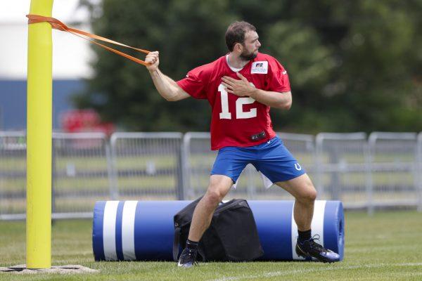 Indianapolis Colts quarterback Andrew Luck (12) warms up during practice at the NFL team's football training camp in Westfield, Ind., on July 26, 2019. (AP Photo/Michael Conroy)