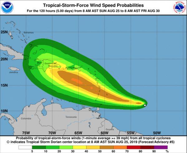Tropical-Storm-Force Wind Speed Probabilities chart. (National Hurricane Center)