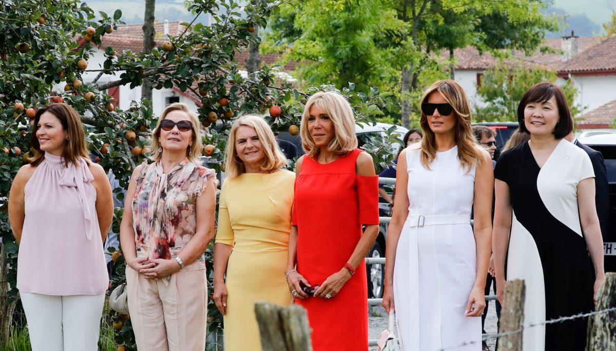 (From L) Australia's Prime Minister's wife Jenny Morrison, Chile's First Lady Cecilia Morel, European Council President's wife Malgorzata Tusk, Wife of French President Brigitte Macron, U.S. First Lady Melania Trump and Japan's Prime Minister's wife Akie Abe pose as they take part in a tour on traditional Basque culture in Espelette, near Biarritz as part of the G7 summit, on Aug. 25, 2019. (Thomas Samson/AFP/Getty Images)