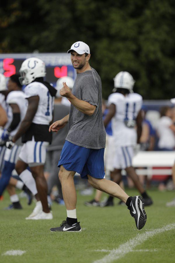 Indianapolis Colts quarterback Andrew Luck watches during practice at the NFL team's football training camp in Westfield, Ind., on Aug. 14, 2019. (AP Photo/Darron Cummings)