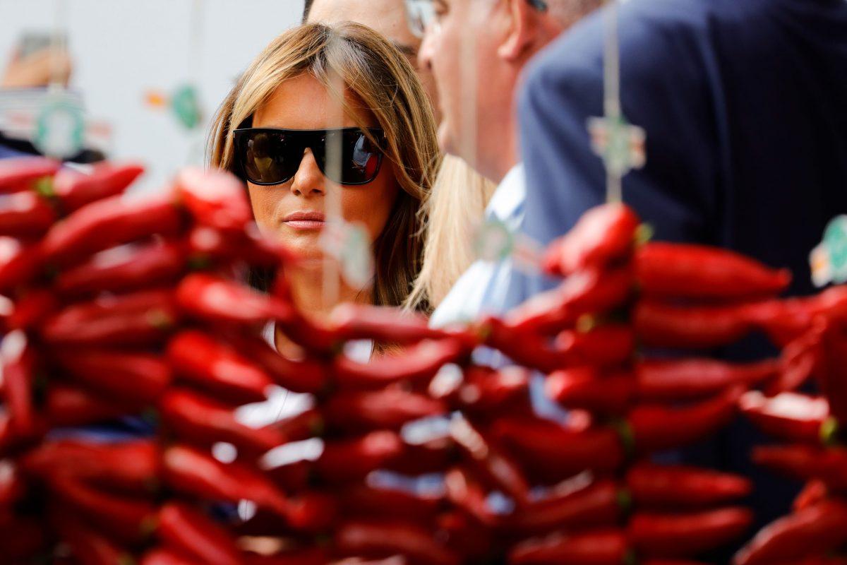 First Lady Melania Trump looks on during a visit on traditional Basque culture with G7 World leaders' spouses, in Espelette, near Biarritz, as part of the G7 summit, on Aug. 25, 2019. (Thomas Samson/AFP/Getty Images)