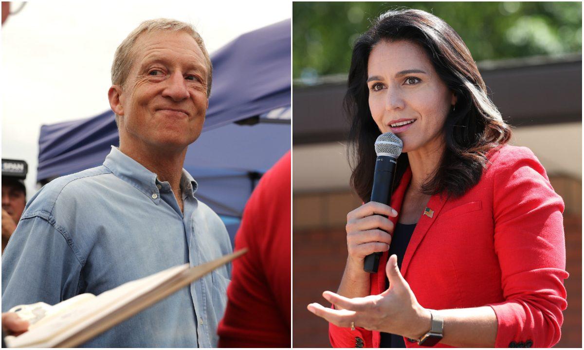 L: Tom Steyer, a Democratic presidential candidate, talks with fairgoers while walking around the Iowa State Fair on Aug. 11, 2019. (Chip Somodevilla/Getty Images) R: Democratic presidential candidate Rep. Tulsi Gabbard (D-Hawaii) speaks at the Iowa State Fair in Des Moines, Iowa on Aug. 9, 2019. (Chip Somodevilla/Getty Images)