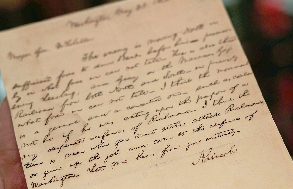 A handwritten telegram from Abraham Lincoln to General McClellan during the American Civil War. Lincoln tells McClellan in the famous telegram that "... you must either attack Richmond, or give up the job and come to the defense of Washington." (Chris Hondros/Getty Images)