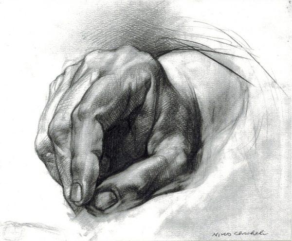 "Hand of the Creator," by Niko Chocheli. Graphite on paper. A drawing of Chocheli's father's hand; his father is also an artist. (Kristen Chocheli)