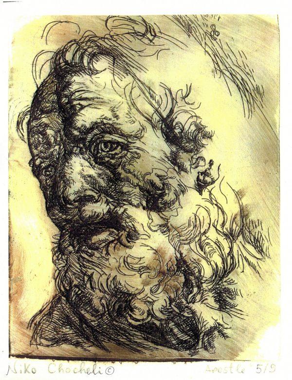 "Head of an Apostle," by Niko Chocheli. Zinc etching on paper. A classical interpretation of Raphael's painting. (Kristen Chocheli)