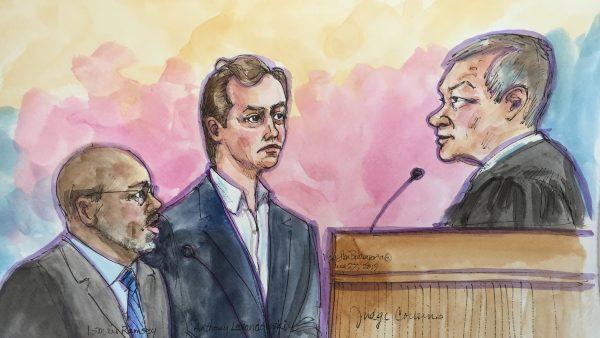Anthony Levandowski appears in court along with attorney Ismail Ramsey (L) before Judge Nathanael Cousins (R) in a court sketch in San Jose, Calif., on Aug. 27, 2019. (Vicki Behringer/Reuters)