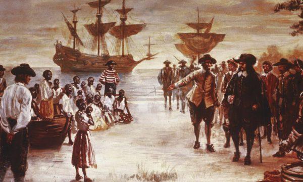 Engraving depicting the arrival of a Dutch slave ship with a group of African slaves, Jamestown, Virginia, 1619. Hulton Archive/Getty Images