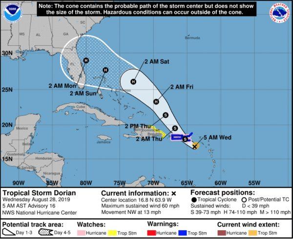 Coastal Watches/Warnings and Forecast Cone for Storm Center. (National Hurricane Center)