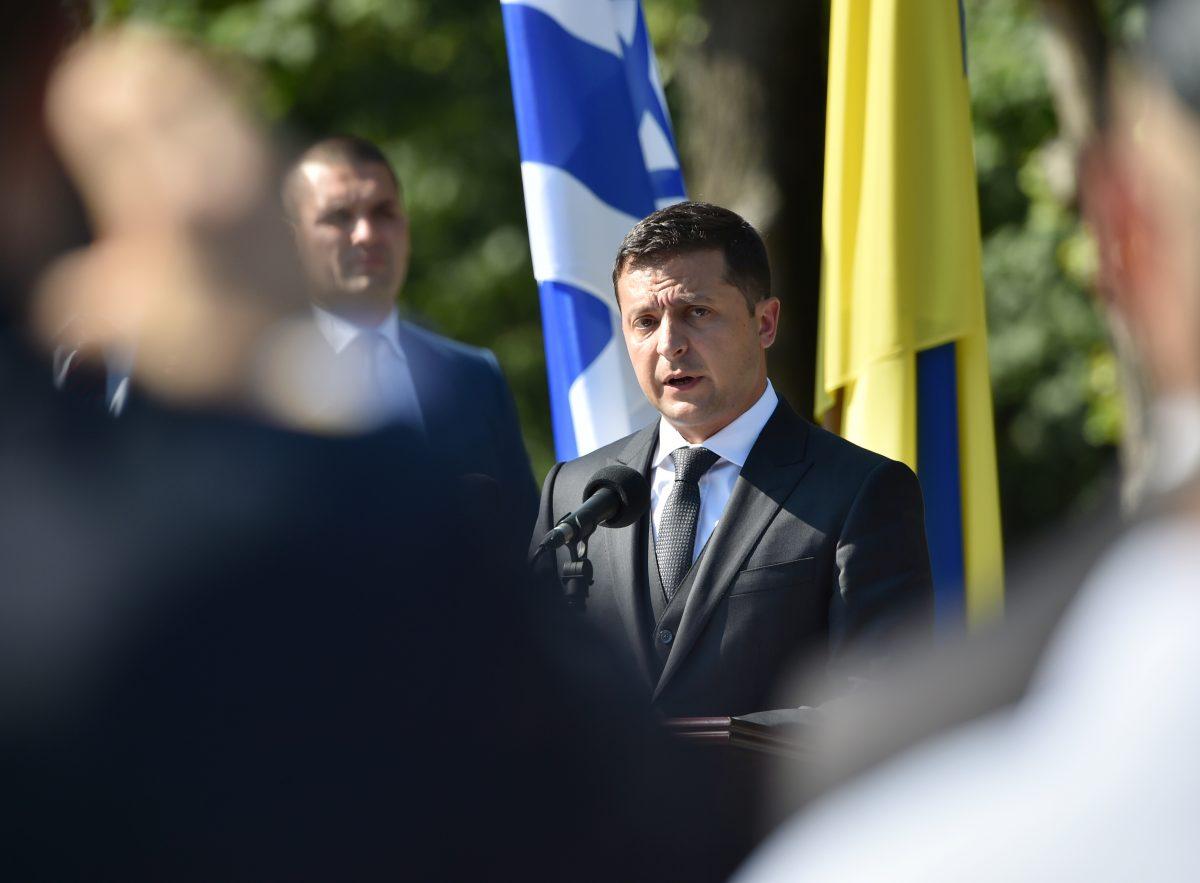 Ukrainian President Volodymyr Zelensky delivers a speech at The Babyn Yar Holocaust Memorial Centre, a place of a mass execution of Jews by Nazis in World War II, during a memorial ceremony in Kiev on Aug. 19, 2019. (Genya Savilov/AFP/Getty Images)