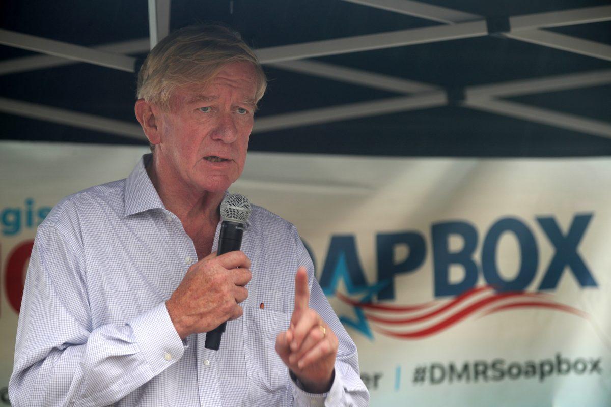 Republican presidential candidate and former Governor of Massachusetts Bill Weld delivers campaign speech at the Des Moines Register Political Soapbox at the Iowa State Fair in Des Moines, Iowa on Aug. 11, 2019. (Alex Wong/Getty Images)