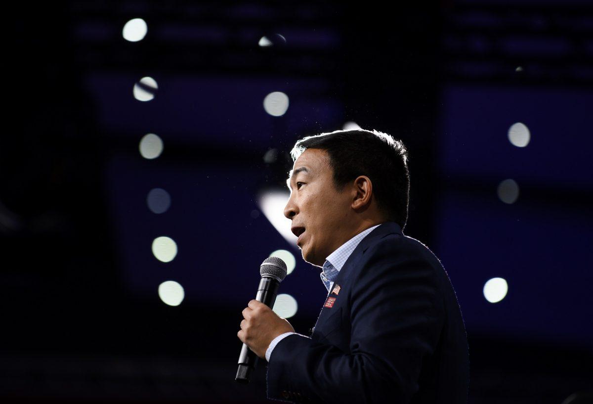 Democratic presidential candidate Andrew Yang speaks during a forum on gun safety at the Iowa Events Center in Des Moines, Iowa on Aug. 10, 2019. Yang has seen a rise in some recent polls, coming in fourth place in one. (Stephen Maturen/Getty Images)