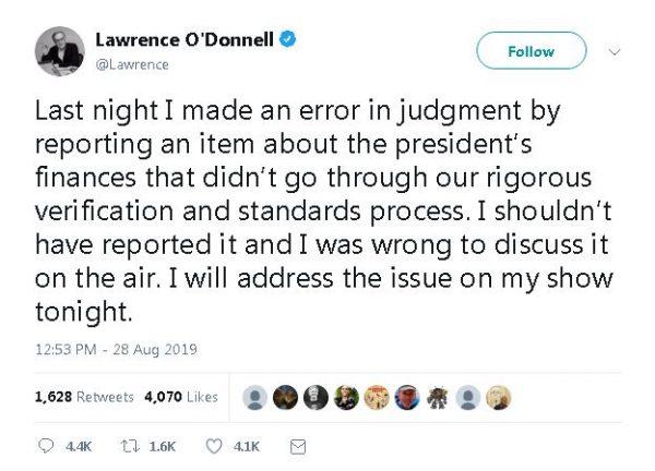Lawrence O'Donnell of MSNBC issued a correction to statements he made live on air that he admitted at the time came from a single source and was not verified. (Screenshot/Twitter)