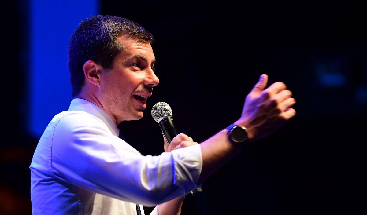 Democratic Party presidential hopeful Pete Buttigieg gestures as he speaks during a fundraising event in Hollywood, California on Aug. 27, 2019. Buttigieg has struggled in polling despite strong fundraising numbers. (Frederic J. Brown/AFP/Getty Images)