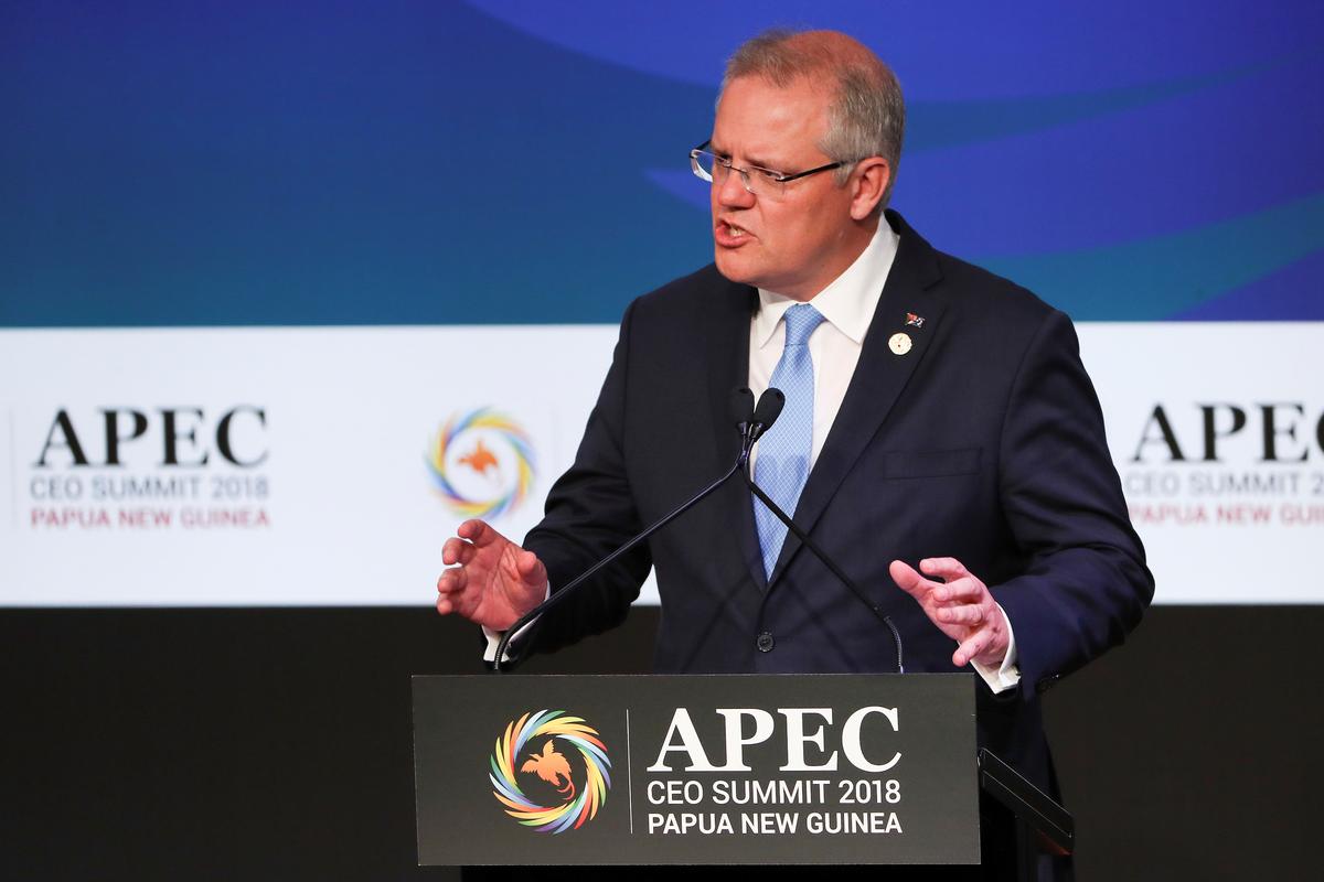 Prime Minister of Australia Scott Morrison reacts during the APEC CEO Summit 2018 at the Port Moresby, Papua New Guinea on Nov. 17, 2018. (Fazry Ismail/Pool via Reuters)